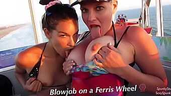 A Daring Outdoor Double Blowjob With A Teen And Milf On A Ferris Wheel